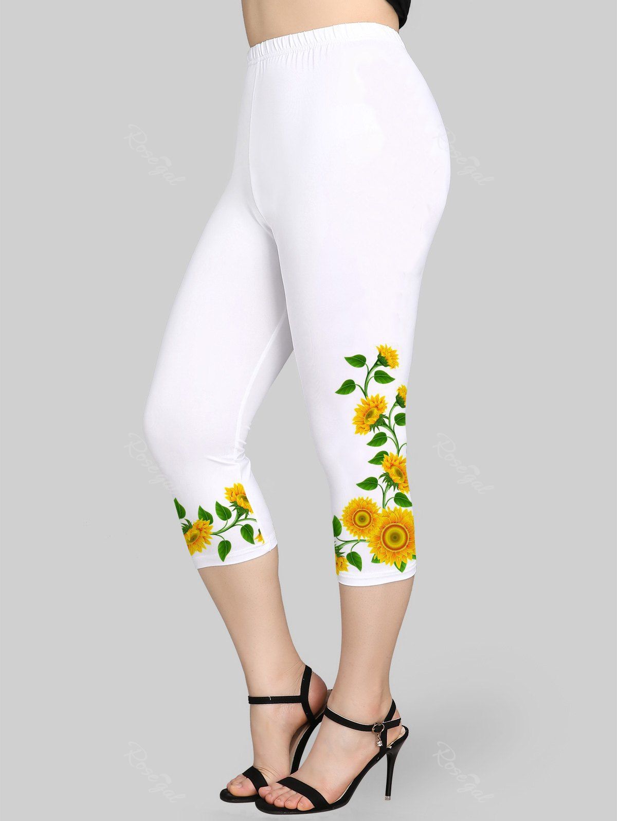 Online Plus Size Sunflower Print High Waist Capri Leggings  
