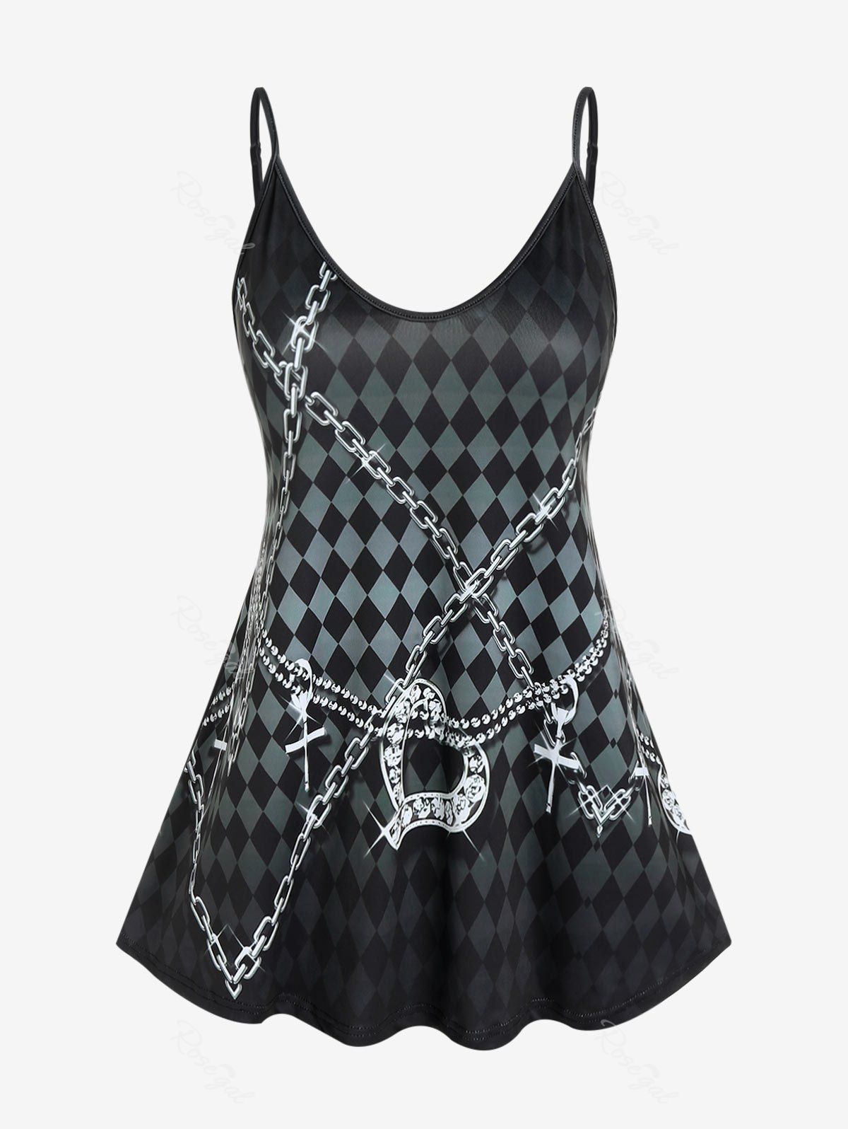 Best Plus Size 3D Checkerboard Chains Printed Tank Top  
