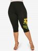 Plus Size High Waist Sunflower Print Capri Leggings -  