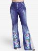 Plus Size 3D Jeans Flower Printed Lace Insert Pull On Flare Pants -  