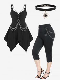 Chains Handkerchief Top and Lace Trim Leggings Gothic Plus Size Summer Outfit - BLACK