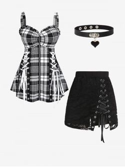 Lace Up Full Zipper Plaid Top and Mini Skirt with Choker Plus Size Summer Outfit - BLACK