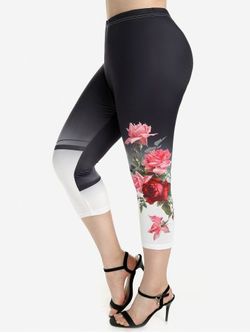 Plus Size High Waist Colorblock Rose Print Capri Leggings - BLACK - 1X | US 14-16