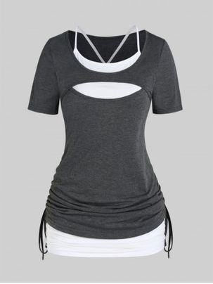 Plus Size Colorblock Cutout Ruched Cinched Tee and Crisscross Tank Top Set
