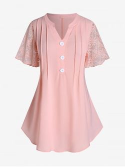 Plus Size Lace Sleeve V Neck Pintuck Top - LIGHT PINK - 4X | US 26-28