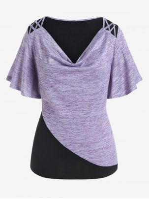 Plus Size Cowl Neck Colorblock Flare Sleeve Tee