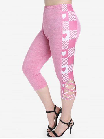 Plus Size Valentines Crisscross Heart Printed Skinny Capri Leggings - Light Pink - M | Us 10