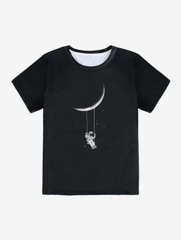 Cartoon Spaceman Printed Unisex Short Sleeves T Shirt - BLACK - XL