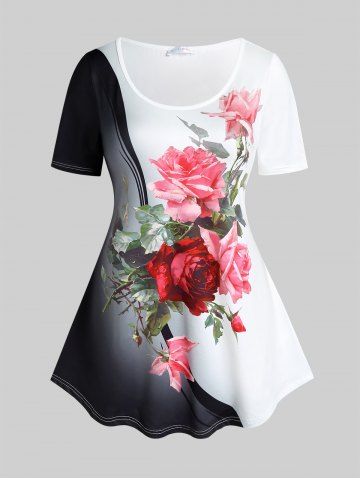 Plus Size Colorblock Rose Print T-shirt - BLACK - M | US 10