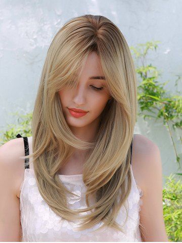 Brown Gradient Light Gold Layered Long Straight Hair Synthetic Wig - TAN