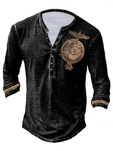 Casual Badge Eagle Print Long Sleeve Half Button Trendy Spring T Shirt - BLACK - 2XL