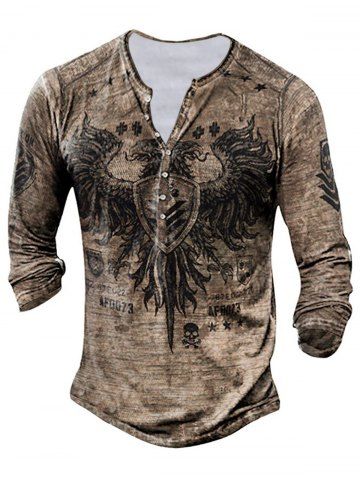 Vintage Star Skull Shield Eagle Print Long Sleeve Round Neck Half Button Casual T Shirt - LIGHT COFFEE - 2XL