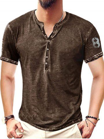 Heather Number Print Half Button Round Neck Short Sleeve Summer Casual T Shirt - BROWN - 3XL