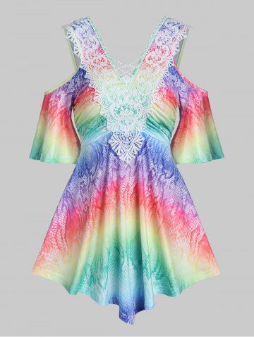 Rainbow Print Crochet Lace Cold Shoulder Tee - MULTI - XXL