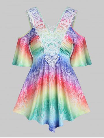 Rainbow Print Crochet Lace Cold Shoulder Tee - MULTI - XXXL