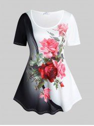 Plus Size Colorblock Rose Print T-shirt -  