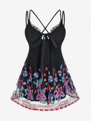 Plus Size Lace Panel Flower Embroidered Crisscross Backless Tunic Top -  