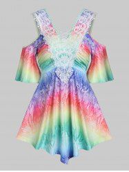 Rainbow Print Crochet Lace Cold Shoulder Tee -  