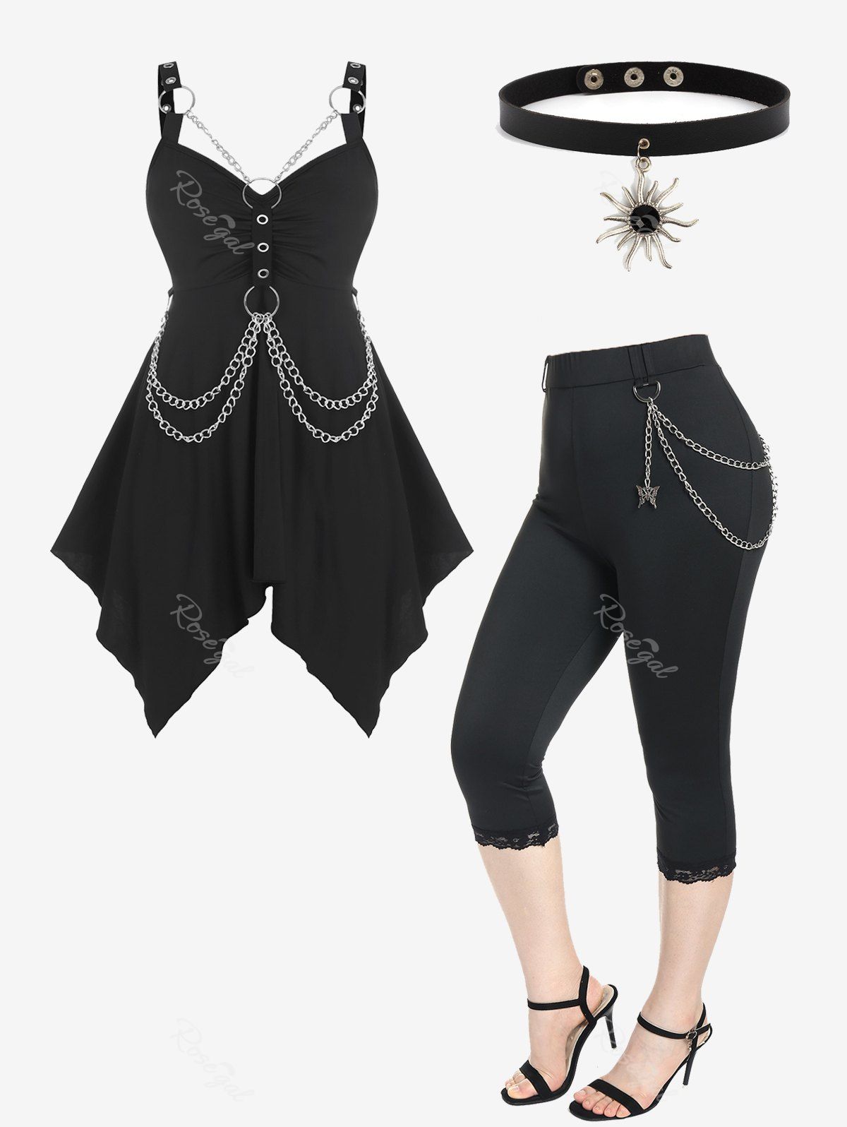 Buy Chains Handkerchief Top and Lace Trim Leggings Gothic Plus Size Summer Outfit  