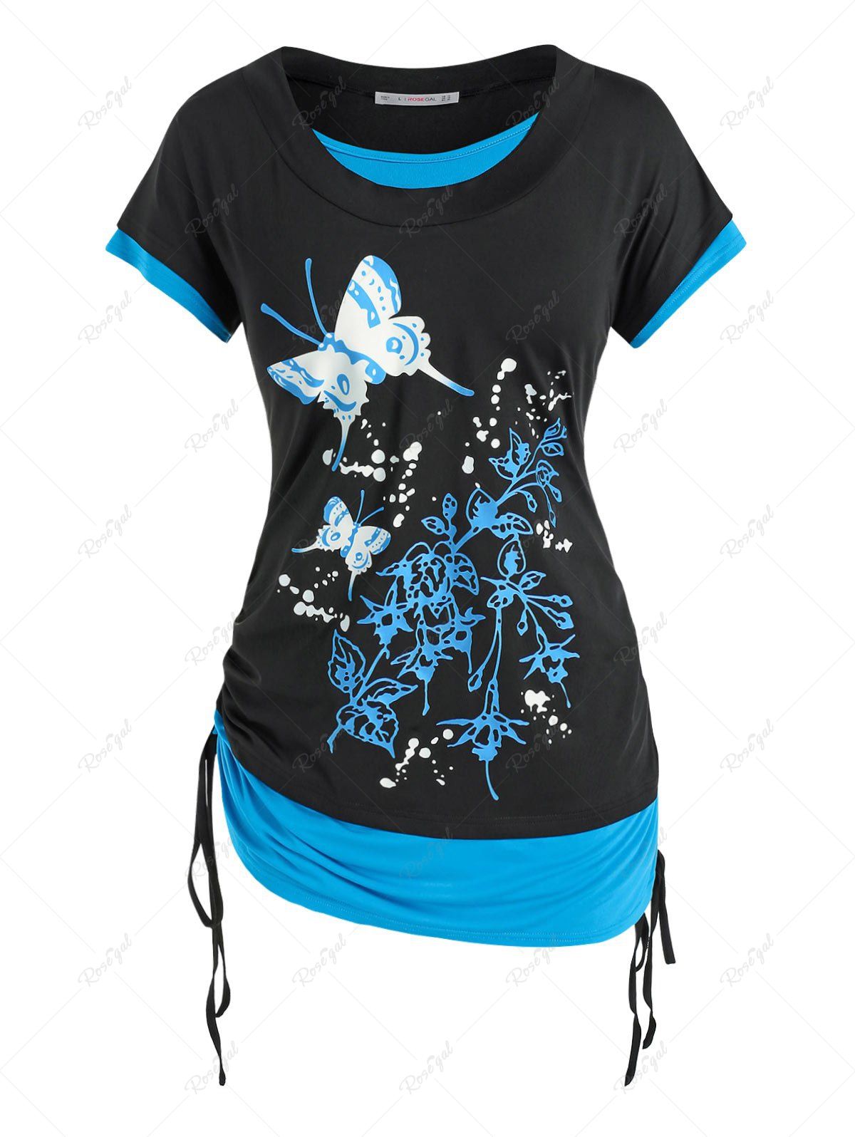 Sale Plus Size Butterfly Floral Print Cinched 2 in 1 Tee  