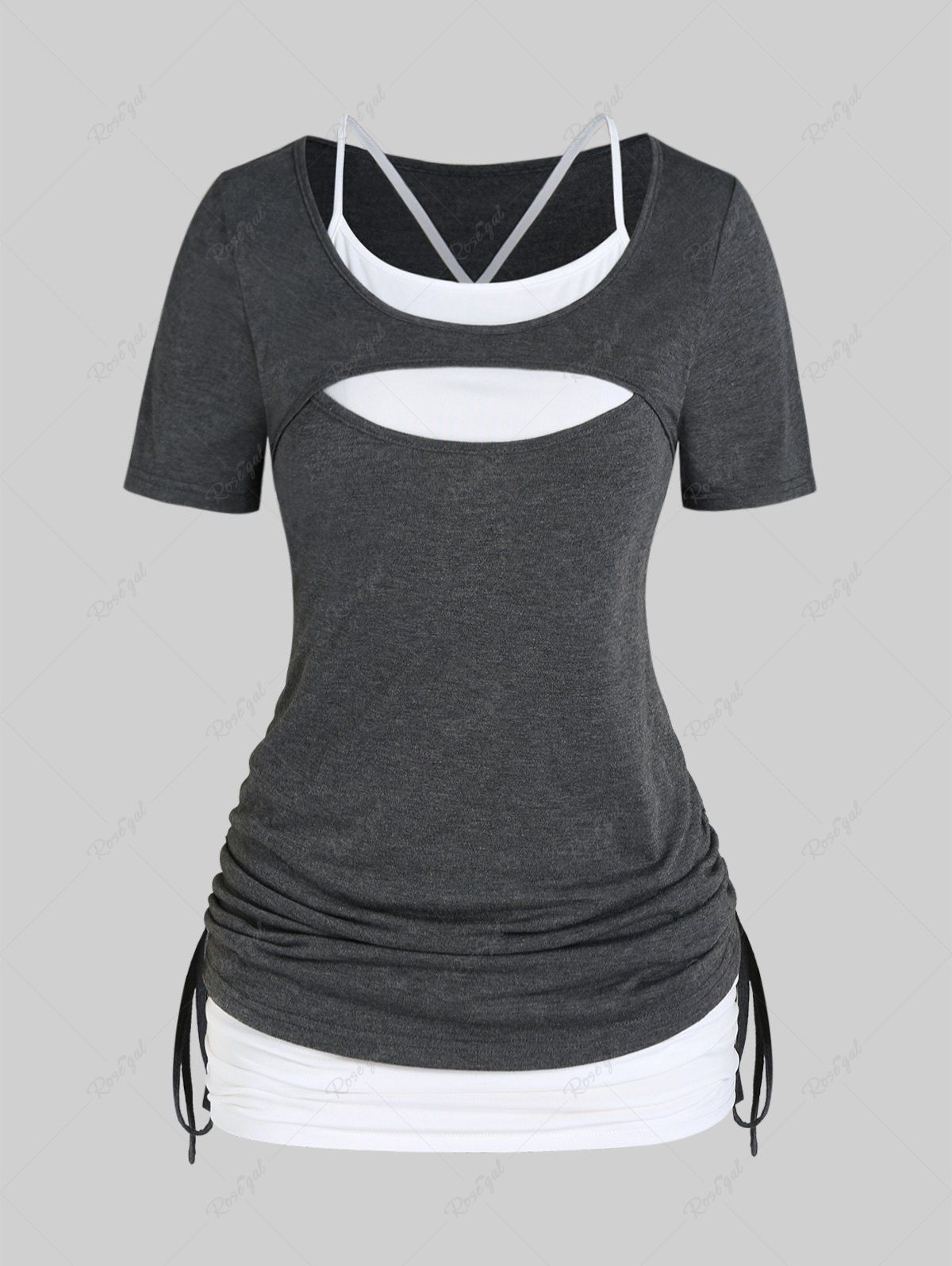 Chic Plus Size Colorblock Cutout Ruched Cinched Tee and Crisscross Tank Top Set  