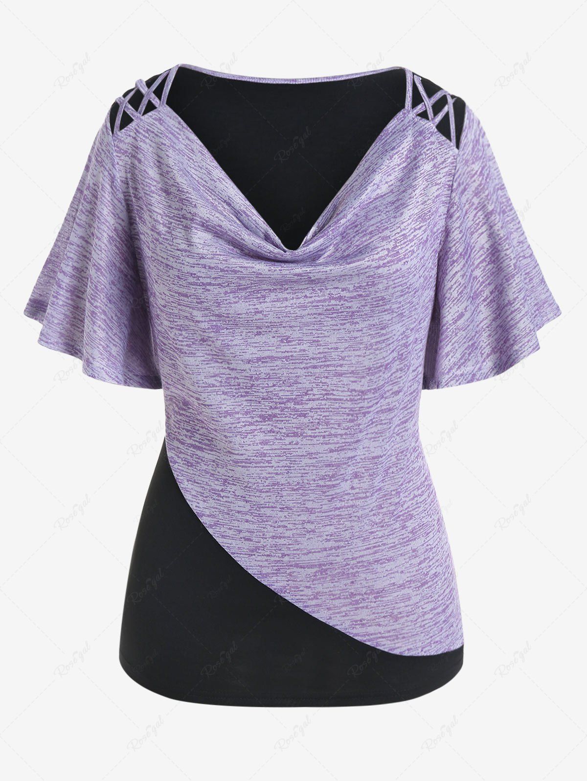 Online Plus Size Cowl Neck Colorblock Flare Sleeve Tee  