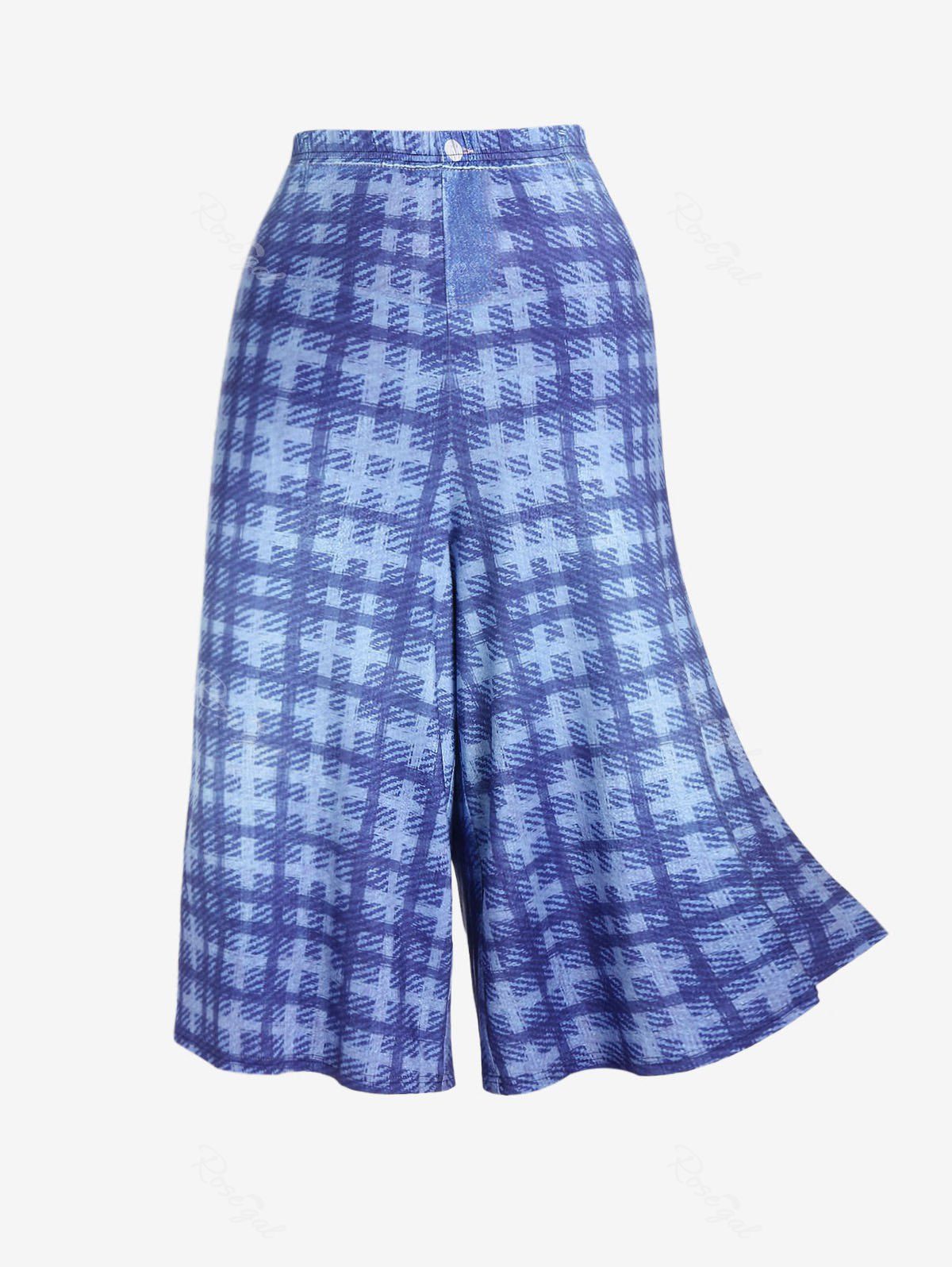 Pantalon Neuvième à Imprimé 3D à Carreaux à Jambe Large de Grande Taille Bleu 1X | US 14-16