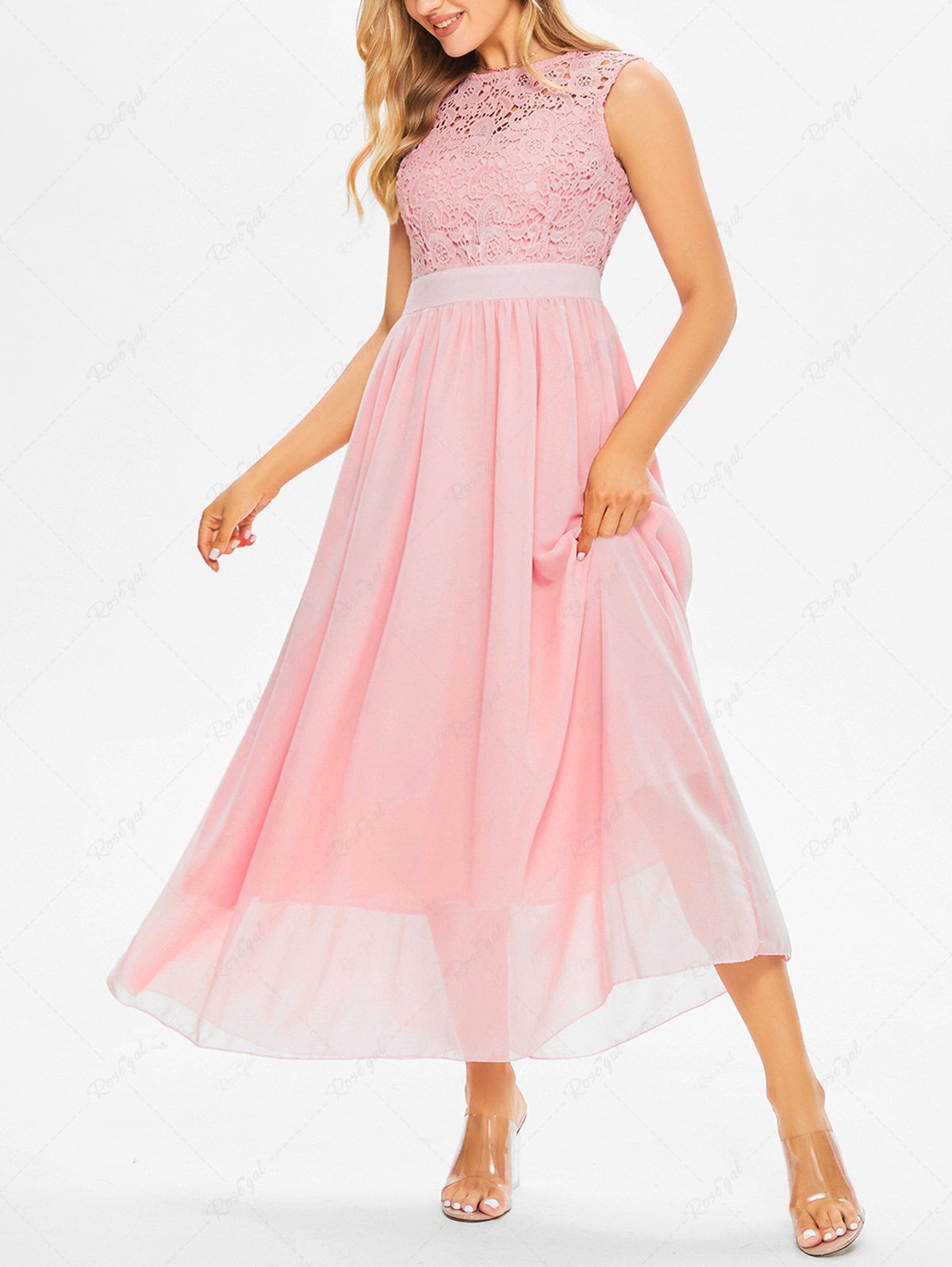 Robe Longue Florale Lacée à Panneau en Mousseline de Soie Rose clair L