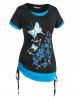 Plus Size Butterfly Floral Print Cinched 2 in 1 Tee -  