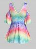 Rainbow Print Crochet Lace Cold Shoulder Tee -  