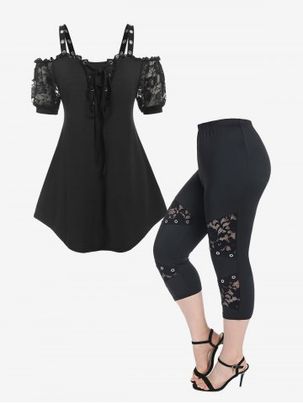 Lace Insert Lace-up Cold Shoulder Ruffle T Shirt and Lace Panel Grommet High Waisted Leggings Plus Size Summer Outfit