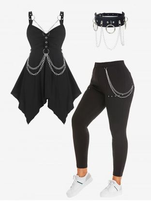O Ring Chains Handkerchief Gothic Tank Top and Pockets Chains Eyelet Pants with Accessories Plus Size Summer Outfit