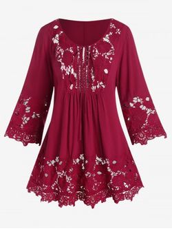 Plus Size Openwork Lace Panel Peasant Blouse - DEEP RED - 2X | US 18-20