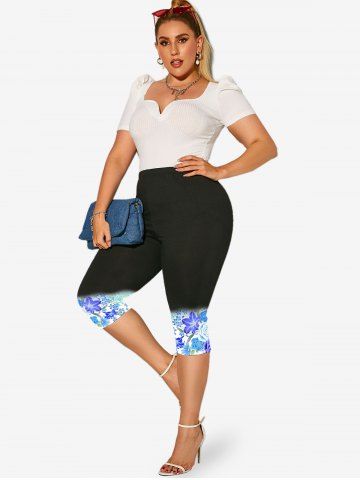 Plus Size Floral Printed Ombre Capri Leggings
