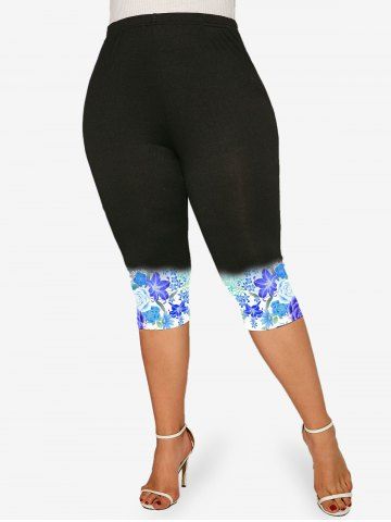 Plus Size Floral Printed Ombre Capri Leggings