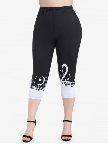 Plus Size Colorblock Musical Notes Print Capri Leggings