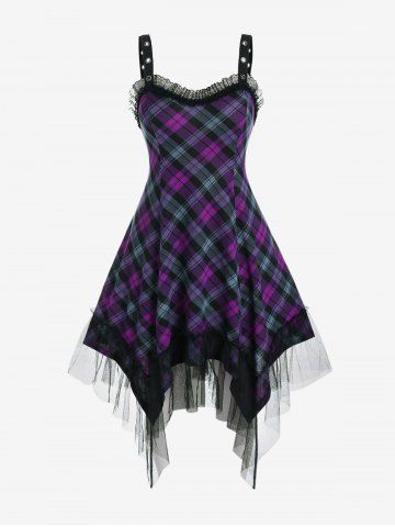Plus Size Plaid Mesh Panel Grommet Handkerchief Sleeveless Midi Dress - CONCORD - 1X | US 14-16