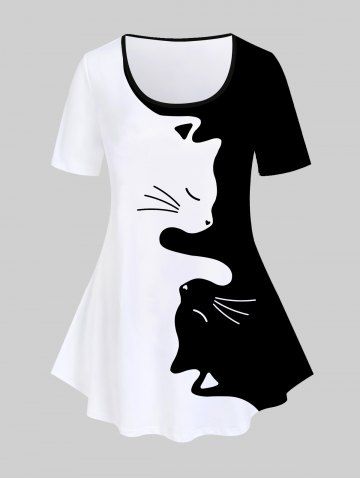 Plus Size Cat Pattern Two Tone Short Sleeves Tee - BLACK - S | US 8