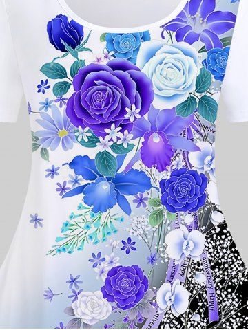 Plus Size 3D Flower Printed Ombre Short Sleeves Tee