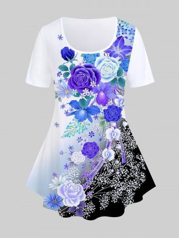 Plus Size 3D Flower Printed Ombre Short Sleeves Tee - BLUE - 5X | US 30-32