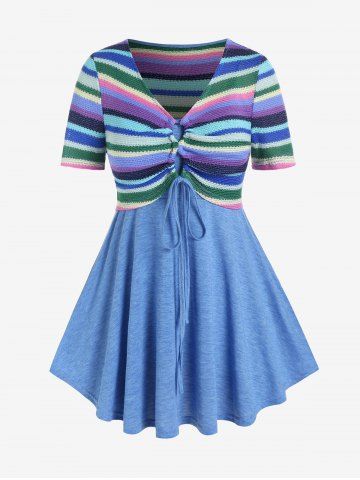 Plus Size Lace Up Striped Knitted Top and Solid Tank Top Set