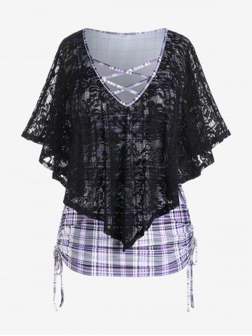 Plus Size Lace Overlay Cinched Plaid Tee - BLACK - L | US 12