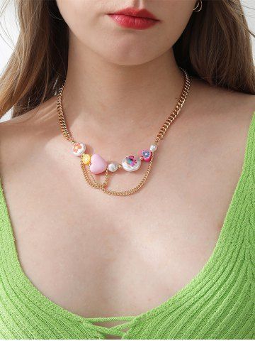Fruit Heart Shaped Flower Print Faux Pearl Chain Layered Necklace