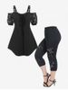 Lace Insert Lace-up Cold Shoulder Ruffle T Shirt and Lace Panel Grommet High Waisted Leggings Plus Size Summer Outfit -  