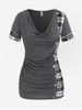 Plus Size Plaid Cowl Neck Ruched T Shirt with Buttons -  
