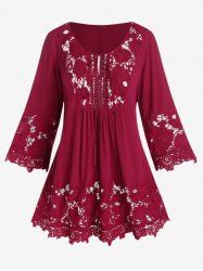 Plus Size Openwork Lace Panel Peasant Blouse -  