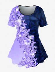 T-shirt à Imprimé Fleuri en Blocs de Couleurs de Grande Taille - Violet clair 2X | US 18-20