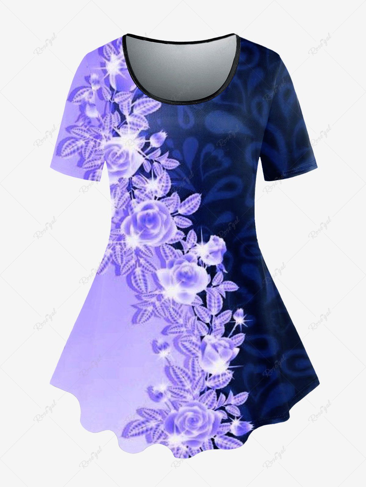 T-shirt à Imprimé Fleuri en Blocs de Couleurs de Grande Taille Violet clair 5x | US 30-32