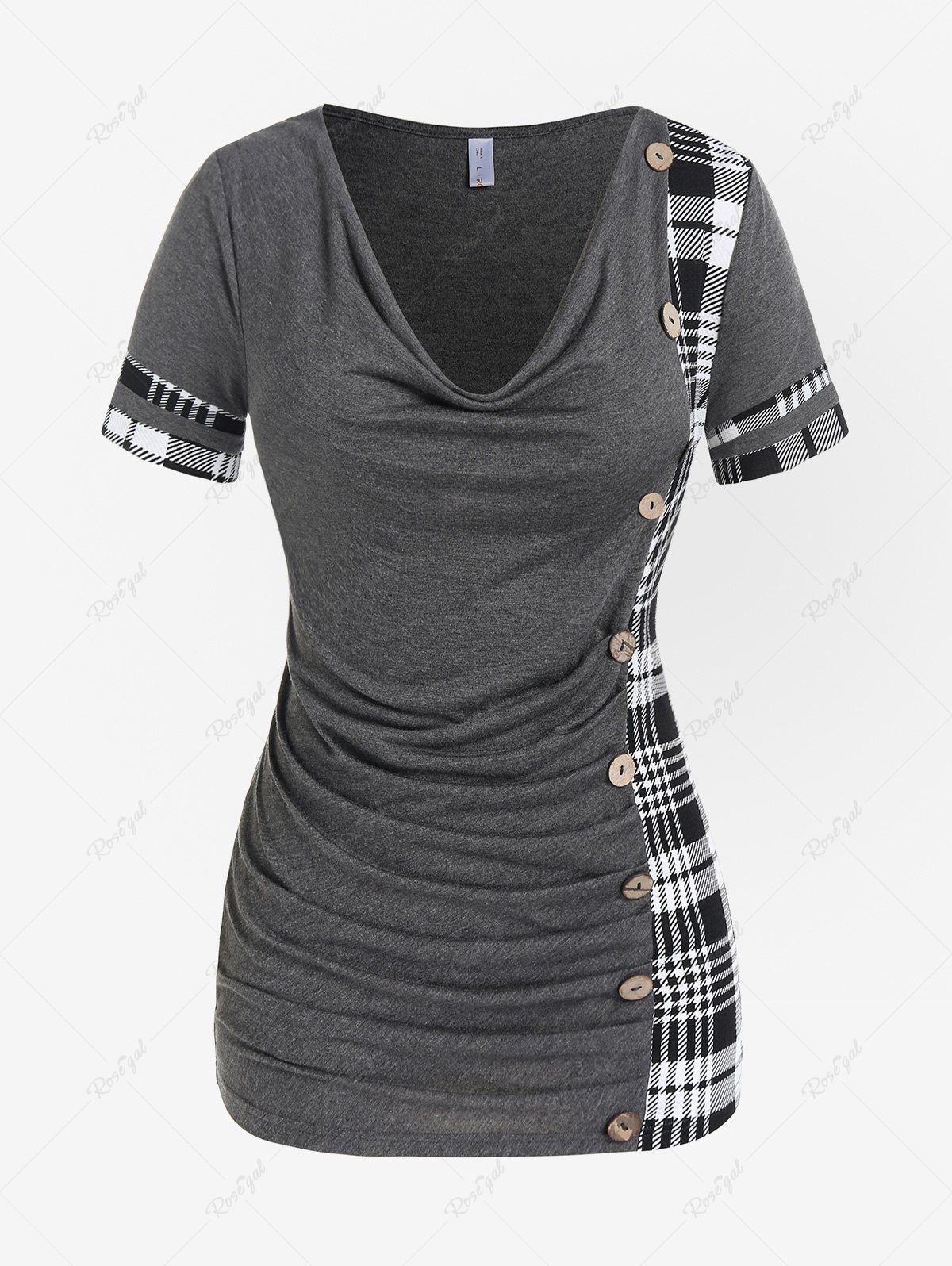 Cheap Plus Size Plaid Cowl Neck Ruched T Shirt with Buttons  
