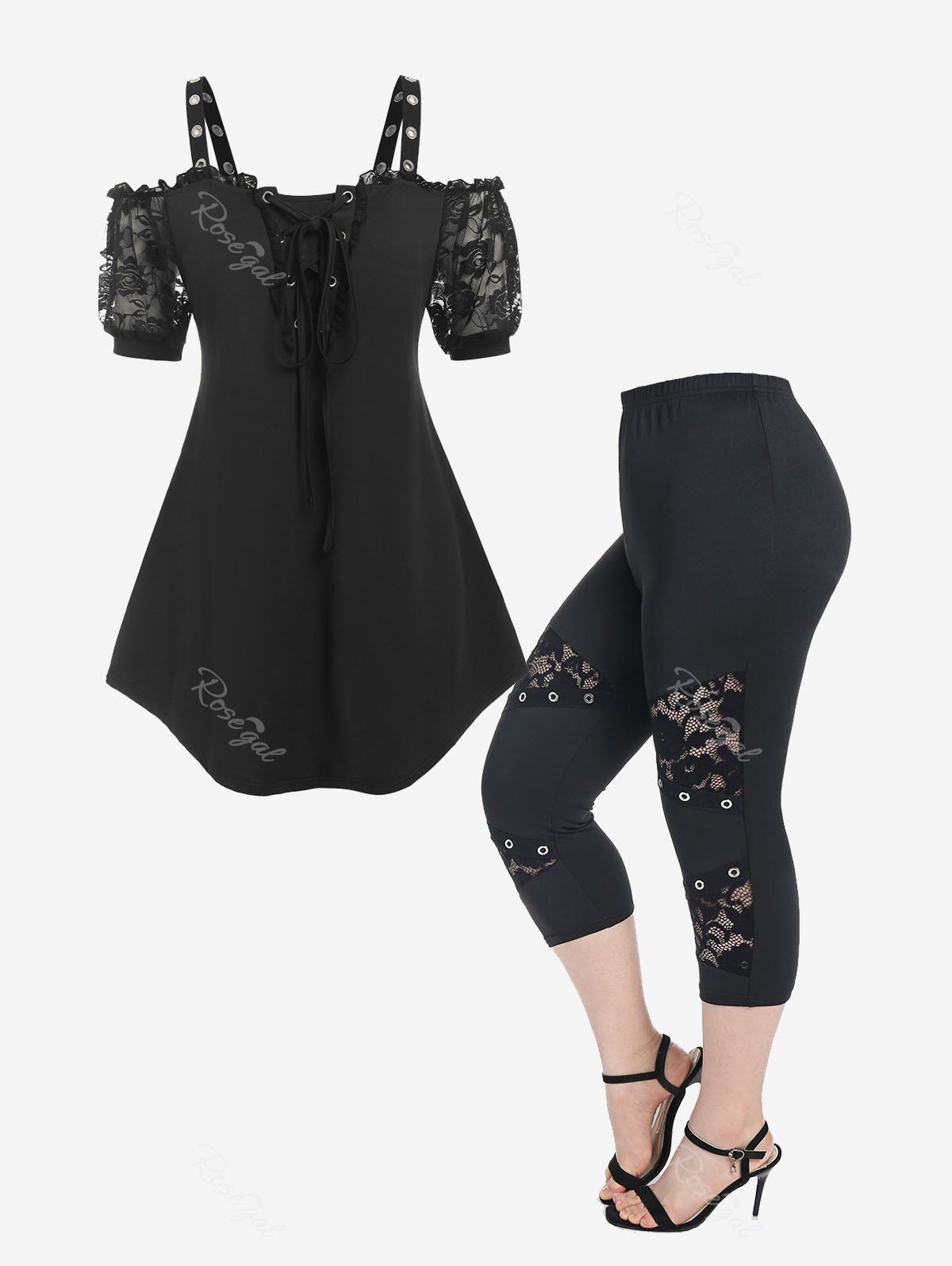 New Lace Insert Lace-up Cold Shoulder Ruffle T Shirt and Lace Panel Grommet High Waisted Leggings Plus Size Summer Outfit  
